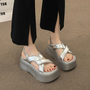 Silver Sandals for Women 2025 New Summer Super Hot with Skirt Thick-Soled Open-Toe Outer Wear One-Line Round-Toe Beach Shoes