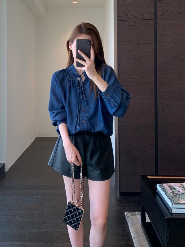 法式系带客供莱赛尔天丝柔软舒适牛仔衬衫女上衣25秋新款|undefined