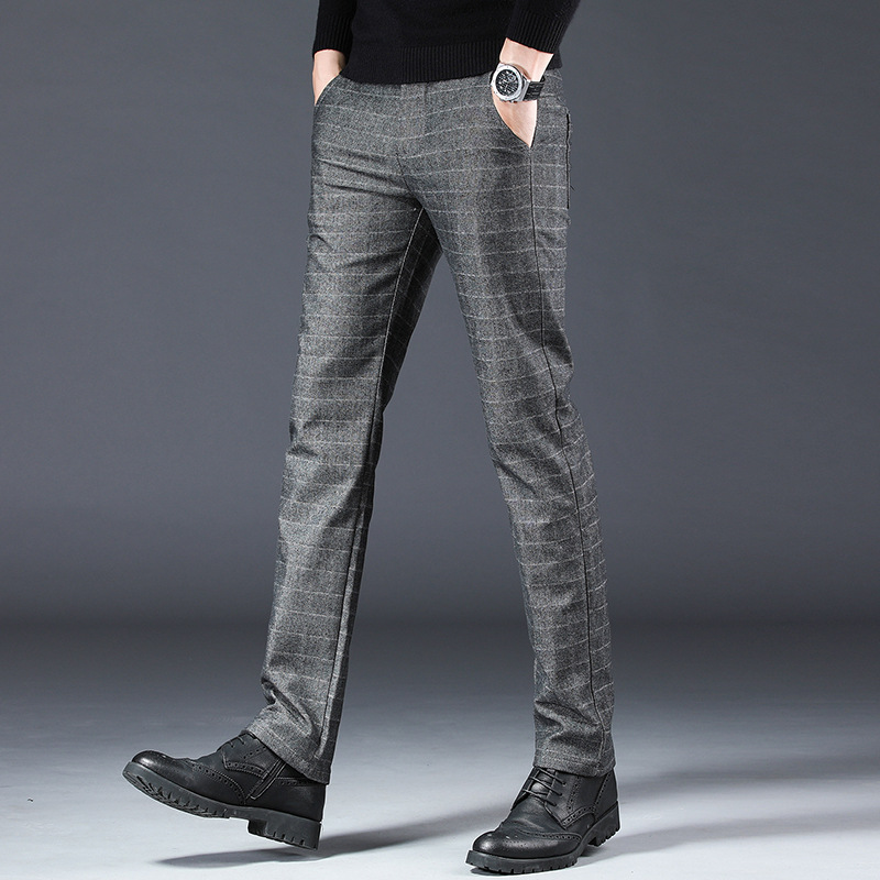Spring and Autumn checkered casual for men, straight leg slim fit elastic work pants, youth trendy men's pants_voghion.com