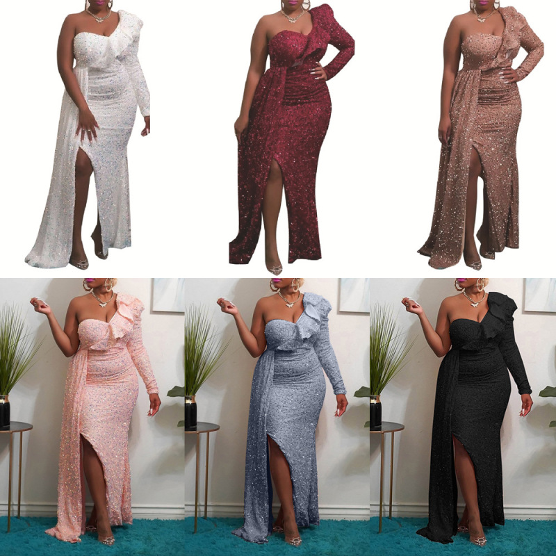 2025 Winter African Dress Fashion New One Shoulder Sequin Bridesmaid Dress Party Long Dress European and American Clothing