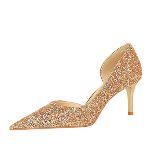 8829-A3 European-American sexy nightclub show thin high-heeled shallow pointed side cut-out shiny sequin shoes