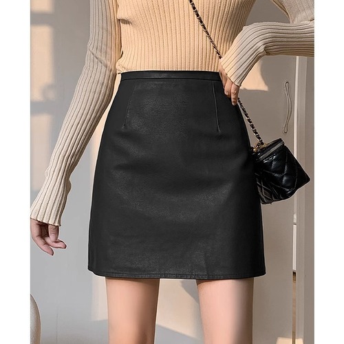 A versatile autumn-winter PU side slit high-waisted casual A-line slimming peplum short skirt