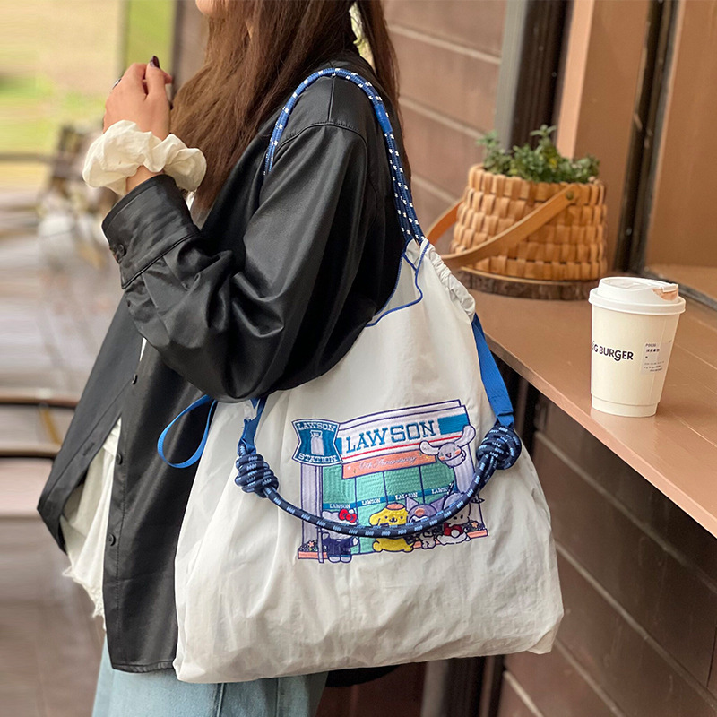 Women's Embroidered Shopping Bag Mickey Large Capacity Canvas Tote Bag Eco-Friendly Portable Foldable Shoulder Bag for Supermarket