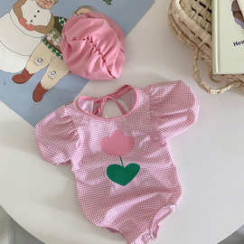 2021夏季新款韩国代购童装女童格子连体泳衣儿童花朵防晒泳装