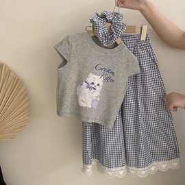 柠里女童套装夏季新款儿童夏装女孩印花短袖上衣格子阔腿裤两件套