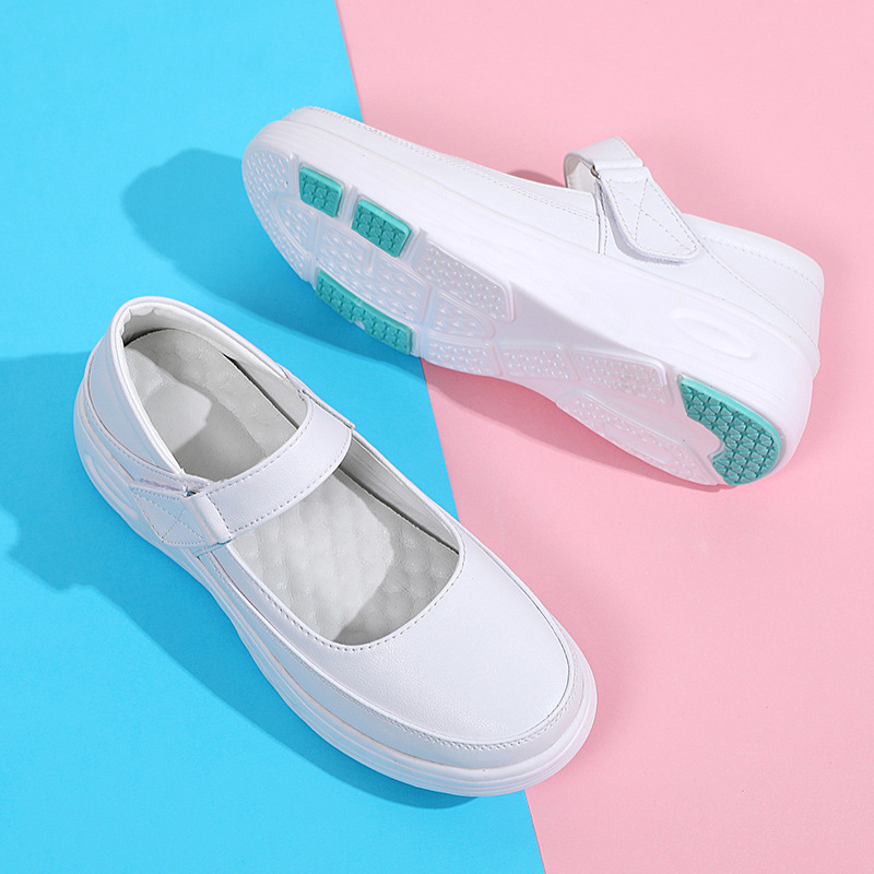 Ready Stock Air-Cushioned Nurse Shoes for Women, Spring and Summer, Soft-Soled, Breathable, Thick-Soled, Non-Slip, Velcro-Fastening, Flat-Soled, White Medical Shoes Wholesale