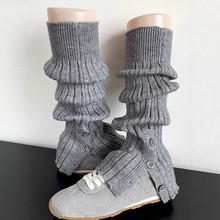 秋冬保暖灰色袜套男女防寒针织脚套纽扣开叉堆堆袜套中筒毛线腿套