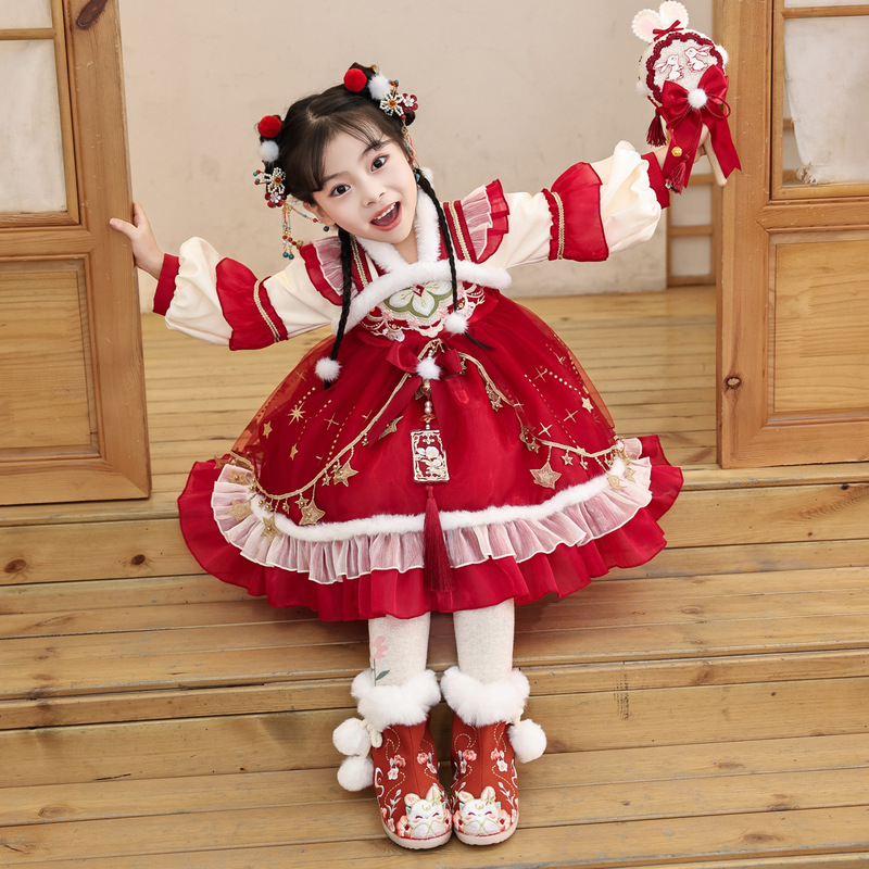 Girls' Fleece-Lined Lolita Hanfu 2025 Winter New Auspicious New Year Outfit Princess Dress Thickened Tang Suit