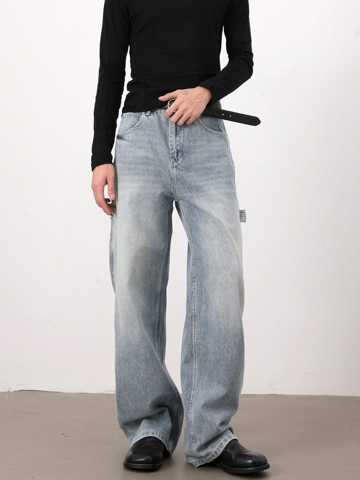 Quần jeans nam màu xanh nhạt dáng rộng ống đứng phong cách high street — Màu xanh dương