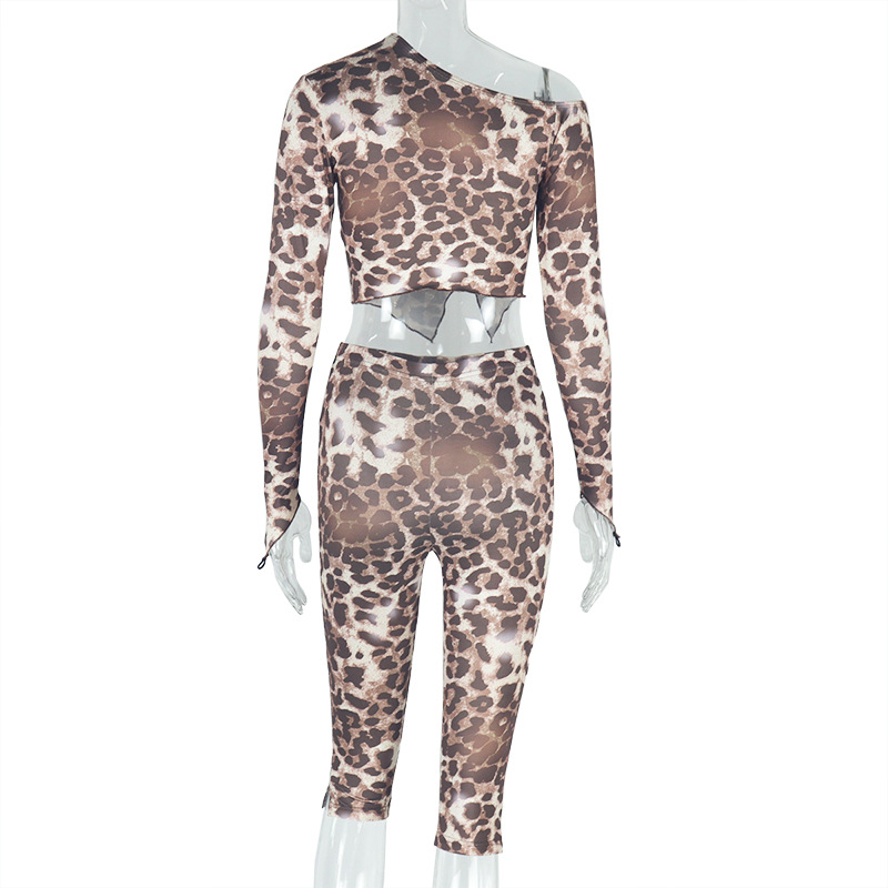 Blusa transparente con estampado de leopardo para mujer, pantalón asimétrico con hombros descubiertos, manga larga, pantalón corto, dos piezas