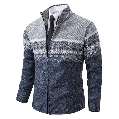 Men's Special Supply Fleece-lined Thick Knit Sweater Winter New Upright Collar Color-blocked Loose Cardigan Sweater Wholesale