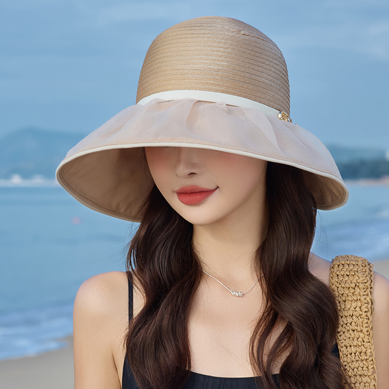 Elegante temperamento superior sombrero protector solar ergena transpirable sombrero de sol de borde grande sombrero de sol de color sólido para mujeres empalmadas arco sombrero de sol