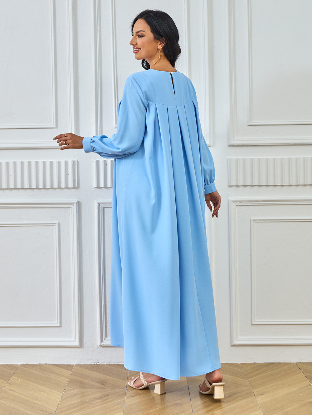 New Abaya Arab Cross-border Middle Eastern Muslim Robe Long-sleeved Solid Color Large Hem Dress Long Skirt Women's_ecoleips.com