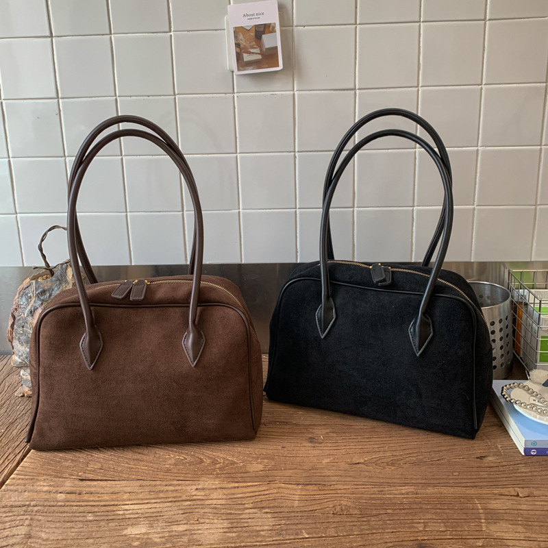 Autumn/Winter Retro Suede Boston Bowling Bag Large Capacity Handbag Shoulder Underarm Bag Baguette Bag For Women High-End Style - Thumbnail 2