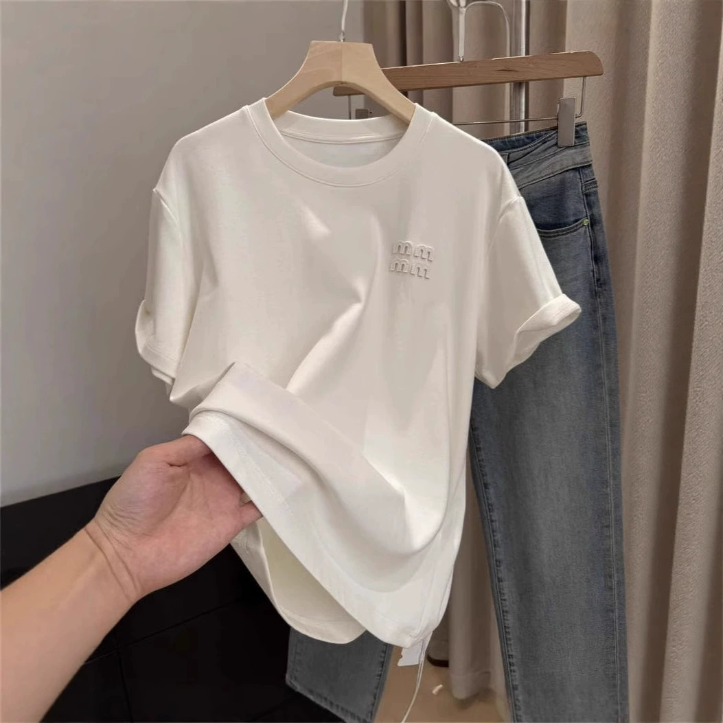 25 новых модных хлопковых футболок с трехмерной вышивкой и круглым вырезом, самый простой вариант для сочетания, футболка с короткими рукавами, топ, женский новый стиль