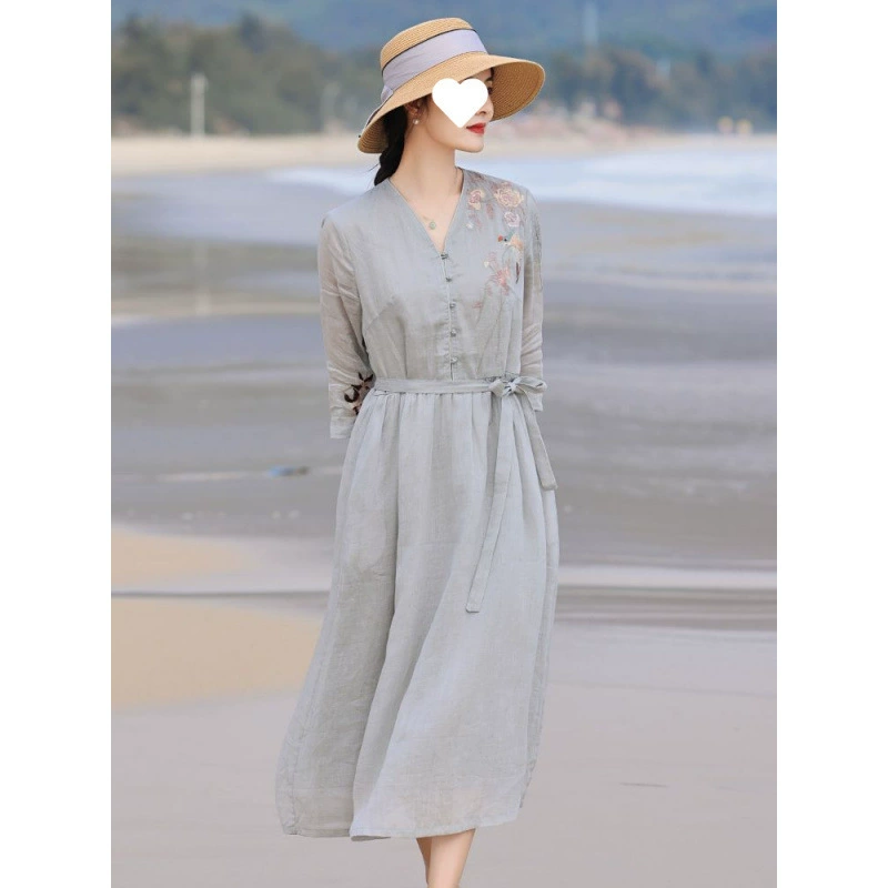 Элегантное повседневное универсальное платье из рами, слегка полное, закрывающее тело, свободное платье средней длины в стиле ретро, ​​художественное легкое длинное платье с вышивкой