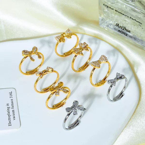 European and American New Taiti Steel Bow Zircon Ring Women's Niche Light Luxury High-end Niche Open Gold Ring