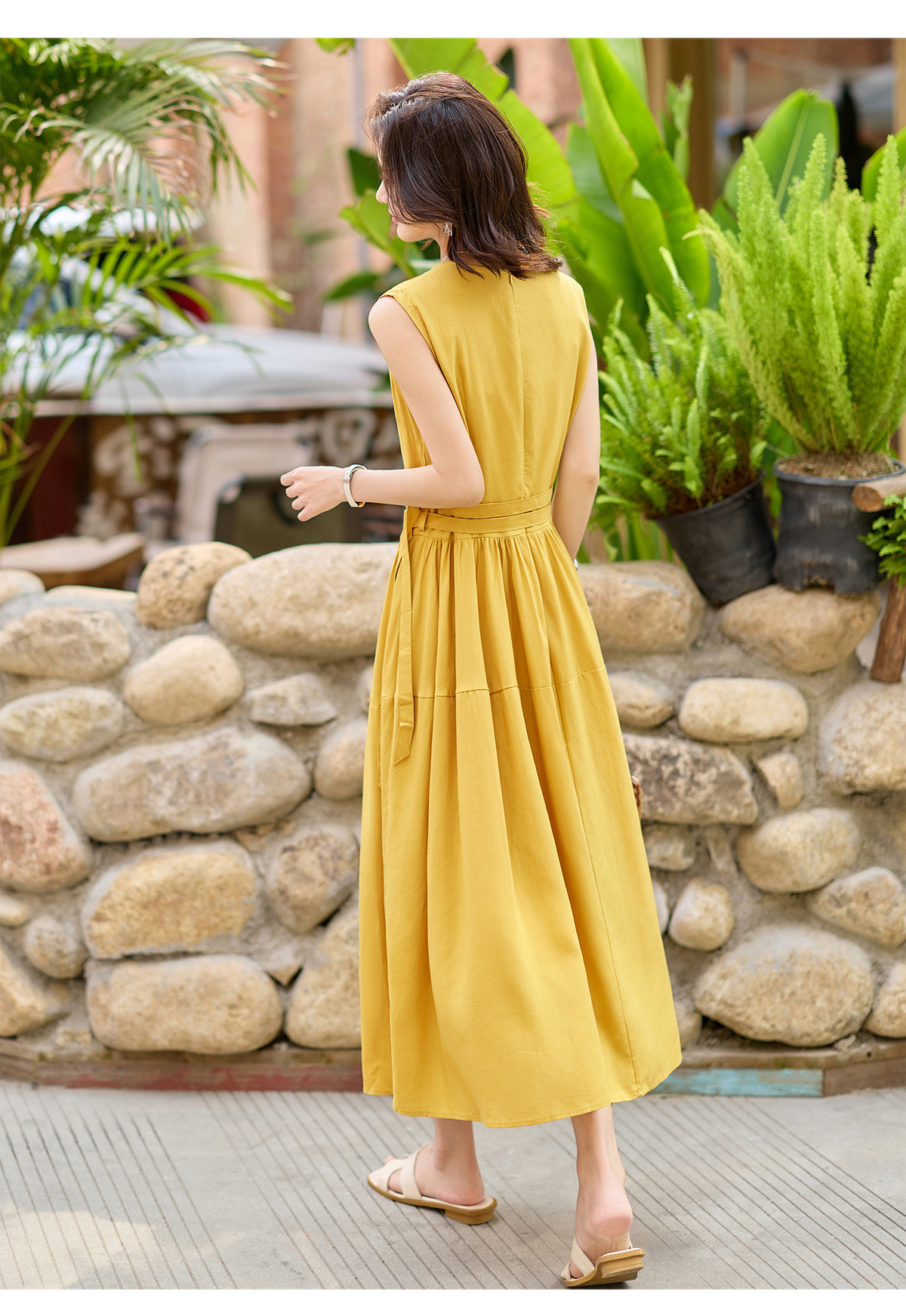 Đầm suông nữ midi không tay dáng rộng dài quá gối MJ5611 — màu trắng, xanh lá cây, màu vàng chi tiết 17