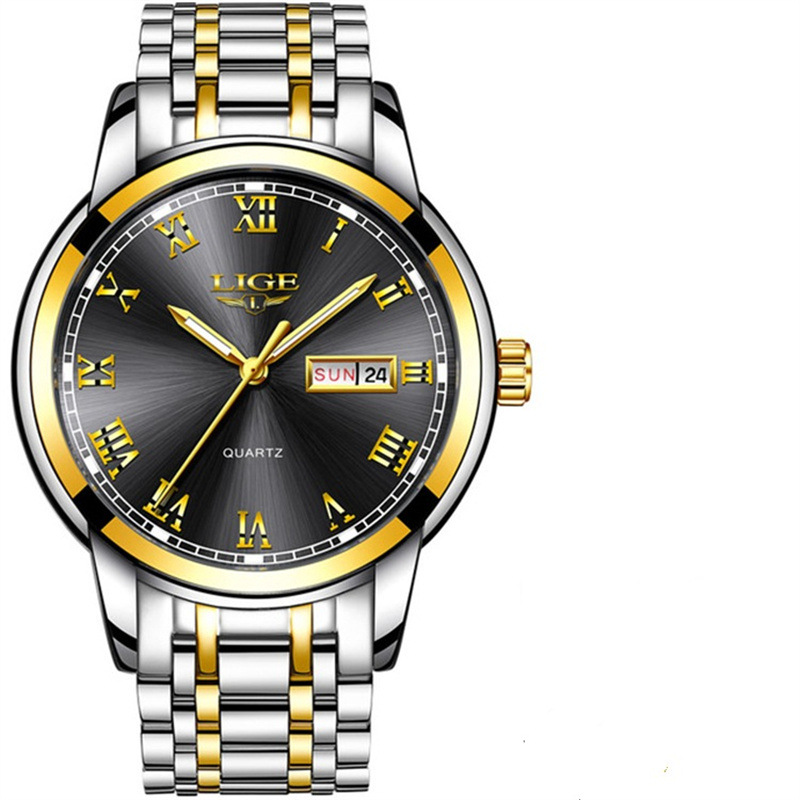 LIGE 9846-Semana banda de acero disco reloj de negocios elegante personalidad calendario hombres reloj casual transfronterizo