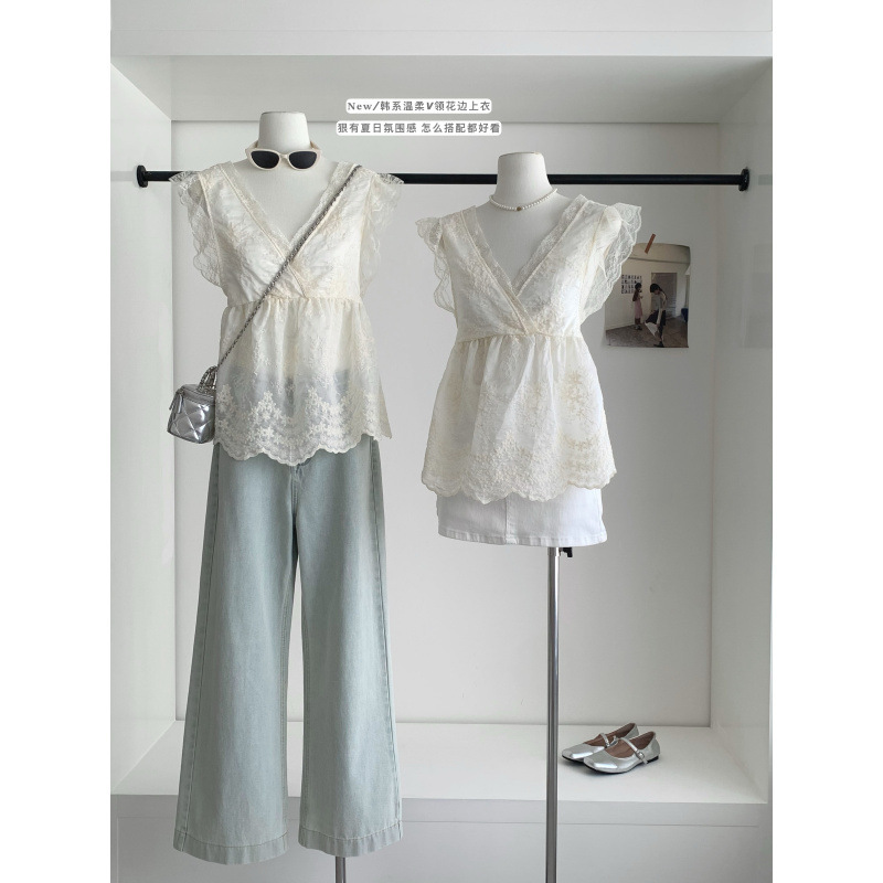 Senna French Style Beautiful and Gentle Style V Neck Sleeveless Shirt Women's Summer Design Foreign Style Age-Reducing Waist Lace Top
