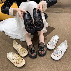 2024年春夏季新款單鞋女韓版網紅圓頭舒適網面休閒女式水鑽漁夫鞋