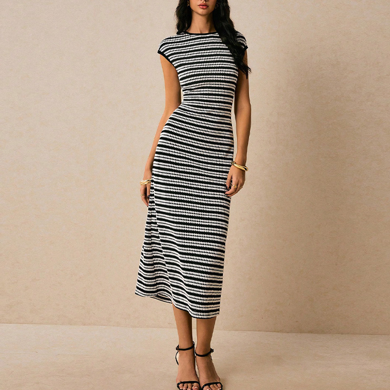 Cross-Border European and American Striped Knit Dress 2025 Amazon Foreign Trade Sleeveless Slim-Fit Pencil Skirt Mid-Length Women's Clothing