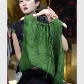 网红新中式绿色提花无袖国风衬衣夏季复古时尚减龄透气叠穿小衫女