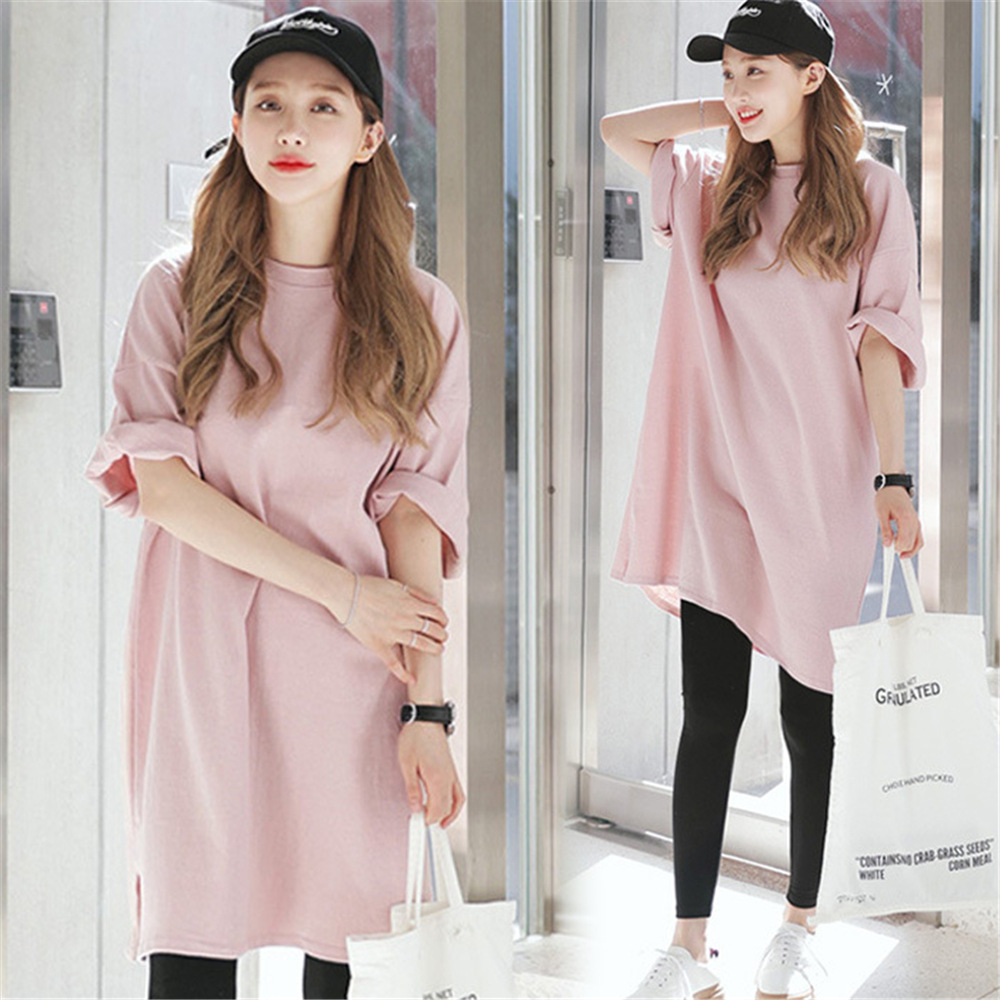 Maternity Summer Short-Sleeved Mid-Length T-Shirt Top, Loose-Fitting Korean-Style Base Layer, Round-Neck Solid-Color Maternity Dress