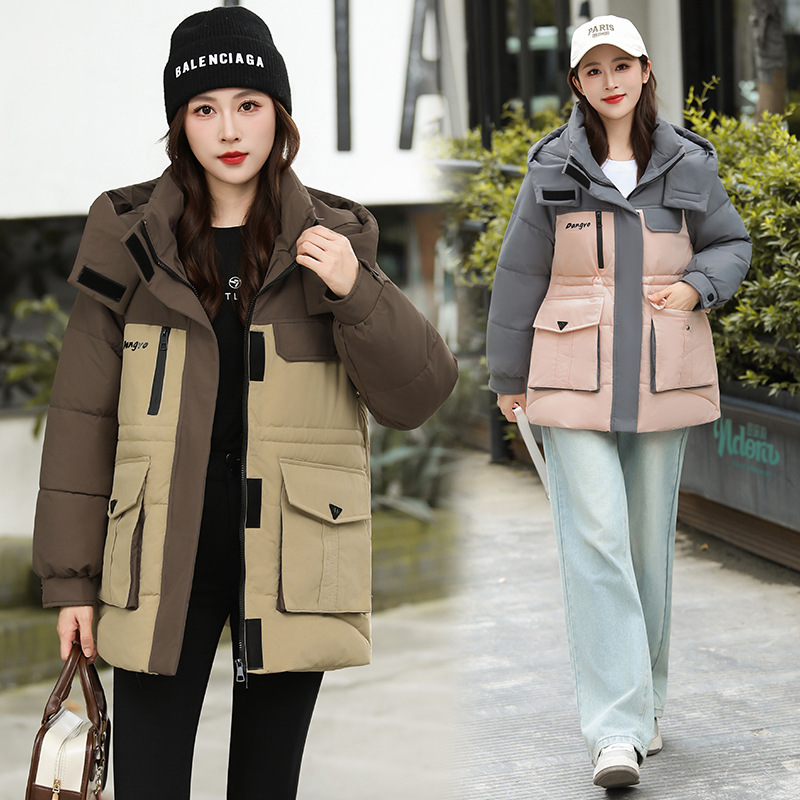 Couple's Style Cotton Jacket with Large Pockets, Striped Color-Blocking, Detachable Hood, Trendy Brand, Loose Fit, Warm, Unisex Puffer Jacket