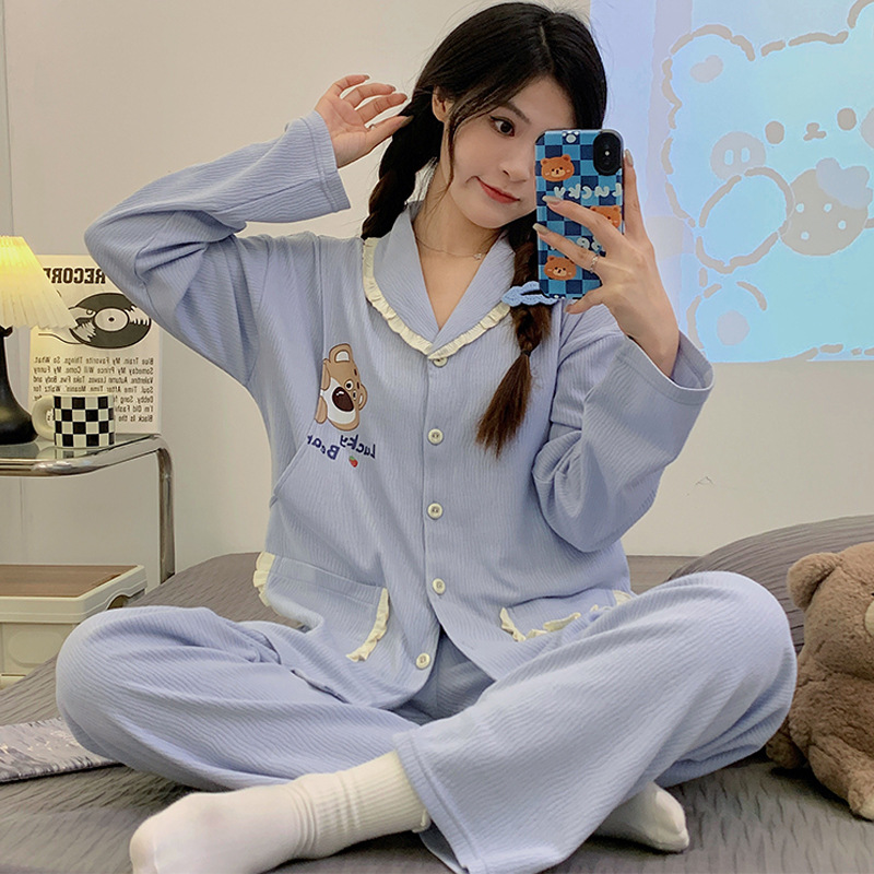 달 의류 가을과 겨울 날 산후 면화 수유중인 임산부 잠옷 봄과 가을 산모 수유 늦은 임신 세트