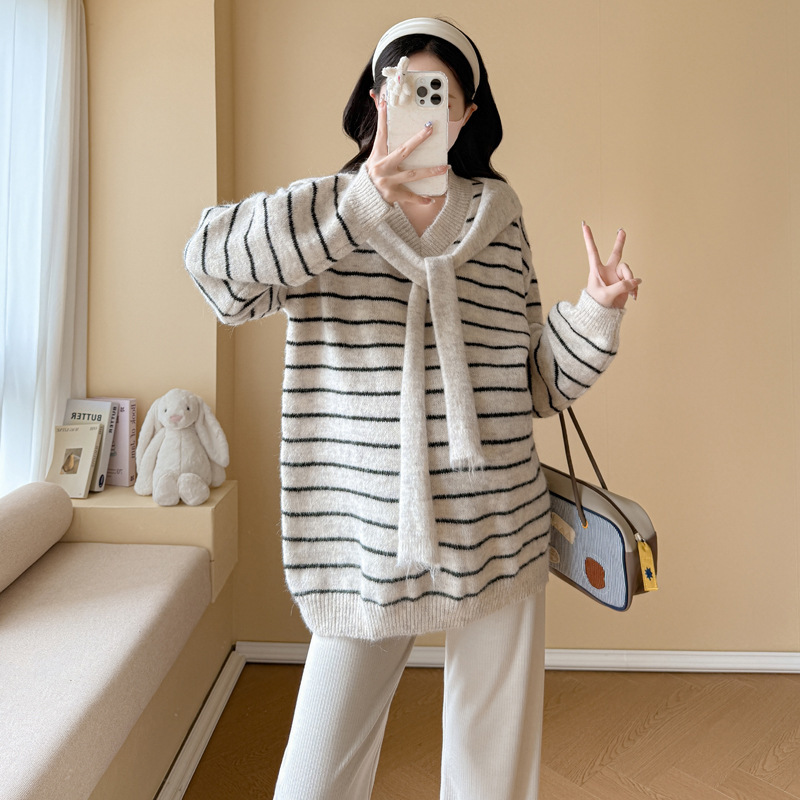 孕妇装套装V领披肩条纹毛衣秋冬新款慵懒风休闲宽松显瘦百搭上衣|undefined