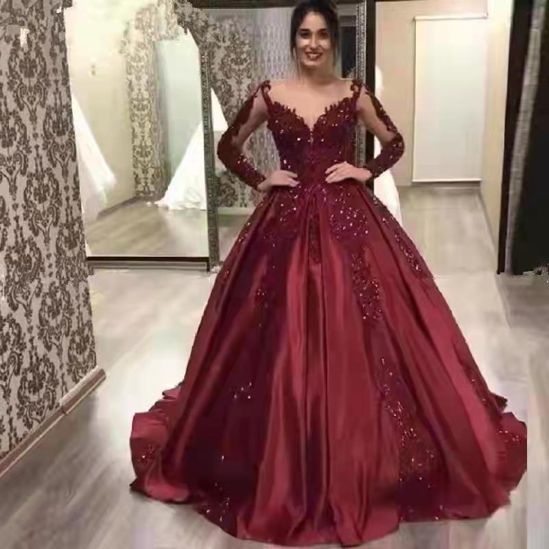 Europa y América Amazon AliExpress deseo Comercio exterior vestido de noche una línea de encaje vestido de manga larga vino rojo vestido formal