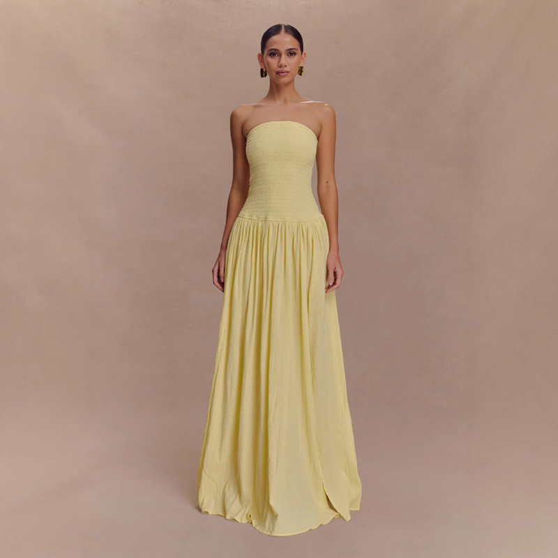 2025 European and American Cross-border Summer Women's Solid Color Sleeveless Backless Slim-fit Pleated Tube Top Long Dress Pleated New Style 2025 European and American Cross-border Summer Women's Solid Color Sleeveless Backless Slim-fit Pleated Tube Top Long Dress Pleated New Style