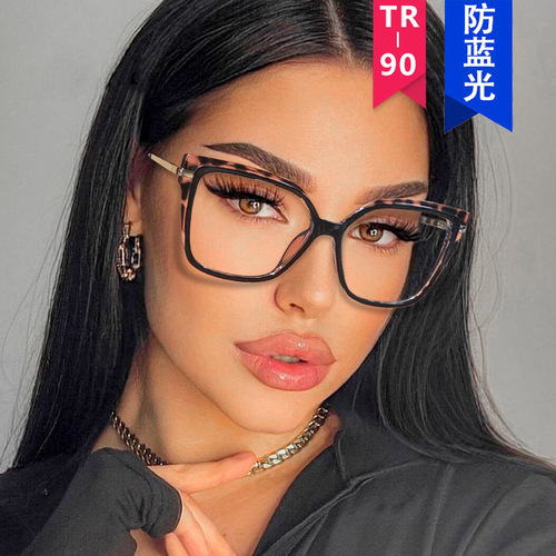 TR90 Metal Cat Eye Anti-Blue Light Glasses Frame Women's Fashion Large Frame Plain Mirror European and American Trendy Glasses Frame