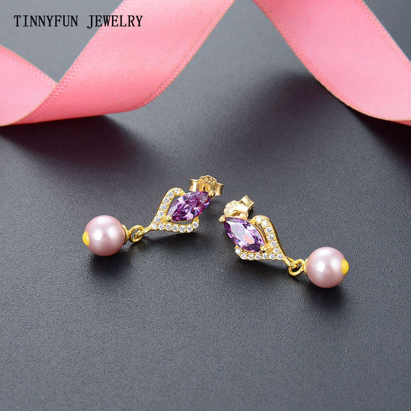 Transfronterizo S925 plata francesa temperamento perlas pendientes de perlas mujeres viento diamantes pendientes púrpura al por mayor