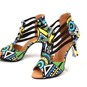 Colorful printed dance shoes ballroom waltz tango dance sandals, female professional Latin dance shoes, soft soled high heels dance shoes, indoor party shoes