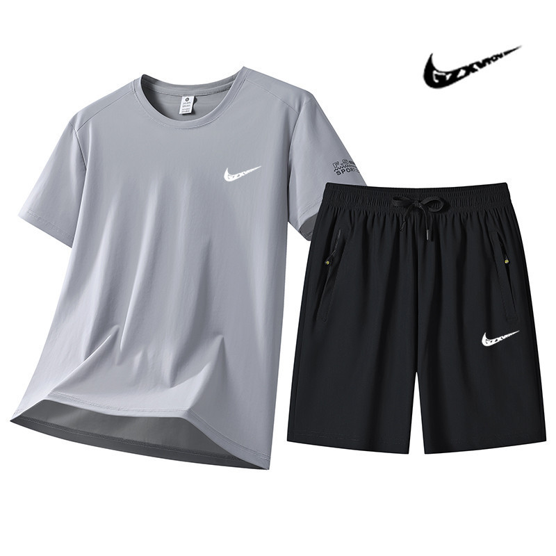 Summer new casual fitness suit for men, loose, thin, breathable, Korean-style ice silk two-piece set, men's quick-dry clothing