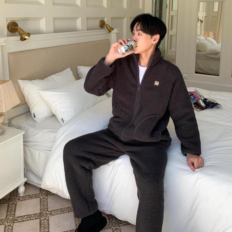 CaCa情侣睡衣羊羔绒冬季立领拉链男休闲外穿运动加厚家居服女套装|undefined