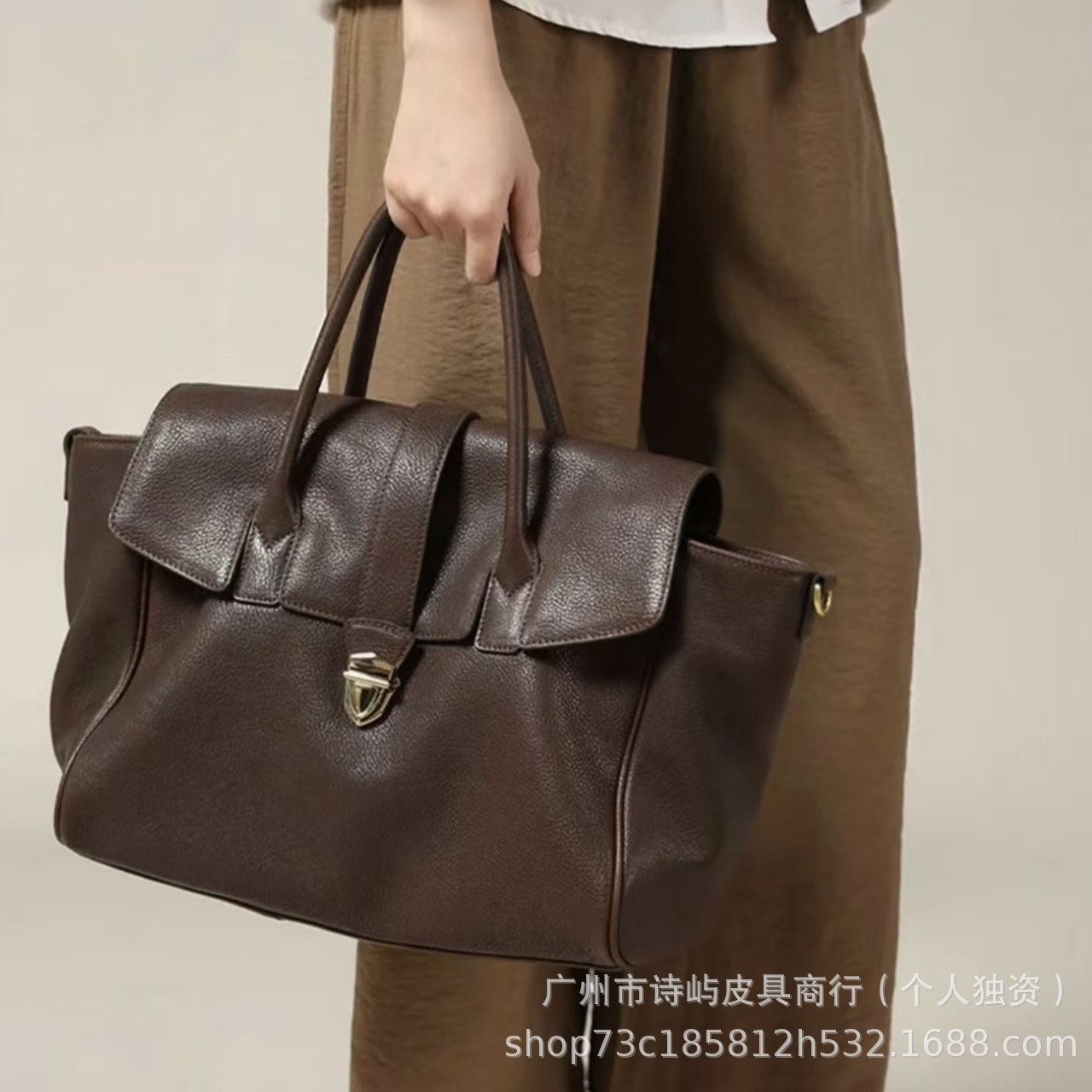 Vegetable Tanned Top Grain Cowhide Vintage Handheld Briefcase Women's Luxury Genuine Leather Large Capacity Commuter Bag - Thumbnail 4