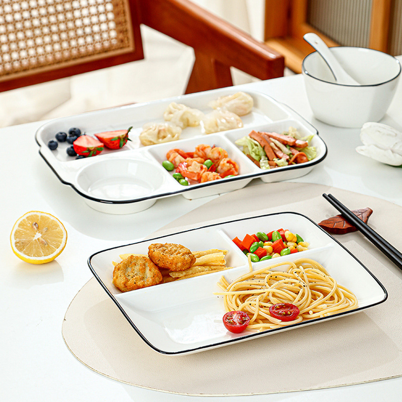 Compartmentalized Ceramic Dinner Plate Breakfast Tableware Children's Portion-Controlled Light Meal Nordic Style Three-Compartment Six-Compartment Fast Food Plate Square Shape