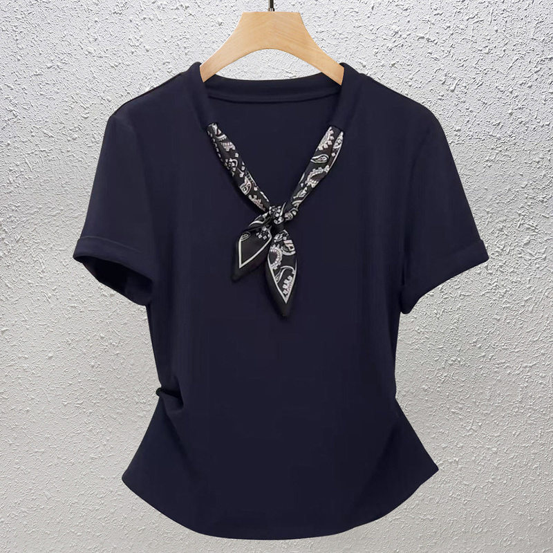 Silk Scarf Tie Short-Sleeve T-Shirt for Women 2026 Summer New Style High-End Blouse That Covers the Body and Makes You Look Slimmer Silk Scarf Tie Short-Sleeve T-Shirt for Women 2026 Summer New Style High-End Blouse That Covers the Body and Makes You Look Slimmer