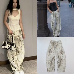 韩国小众 虞书欣同款 马蹄宽松豹纹雪豹印花牛仔休闲裤长裤阔腿裤