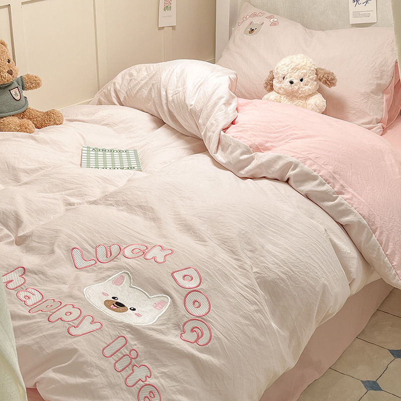 Bordado de cuatro piezas de algodón lavado 2024 nueva ropa de cama funda de edredón sábana dormitorio de estudiantes sábana de tres piezas 34