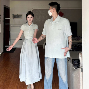 Hepburn Style Couple Outfit Summer New Versatile One-Piece One-Skirt Splicing Mid-Length Waist Design Dress Trendy