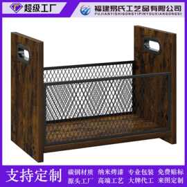 跨境新款复古款木质报刊杂志收纳架桌面手提收纳篮乡村铁艺整理架