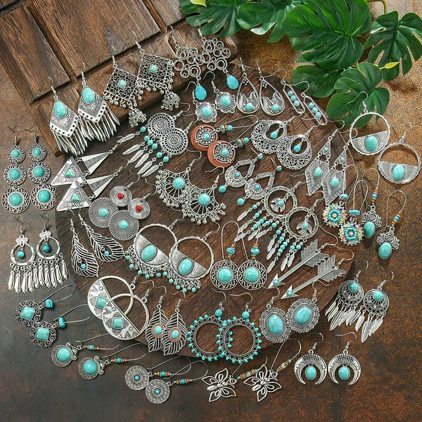 End jewelry retro holiday turquoise earrings Bohemian fashion alloy earrings wholesale Yiwu