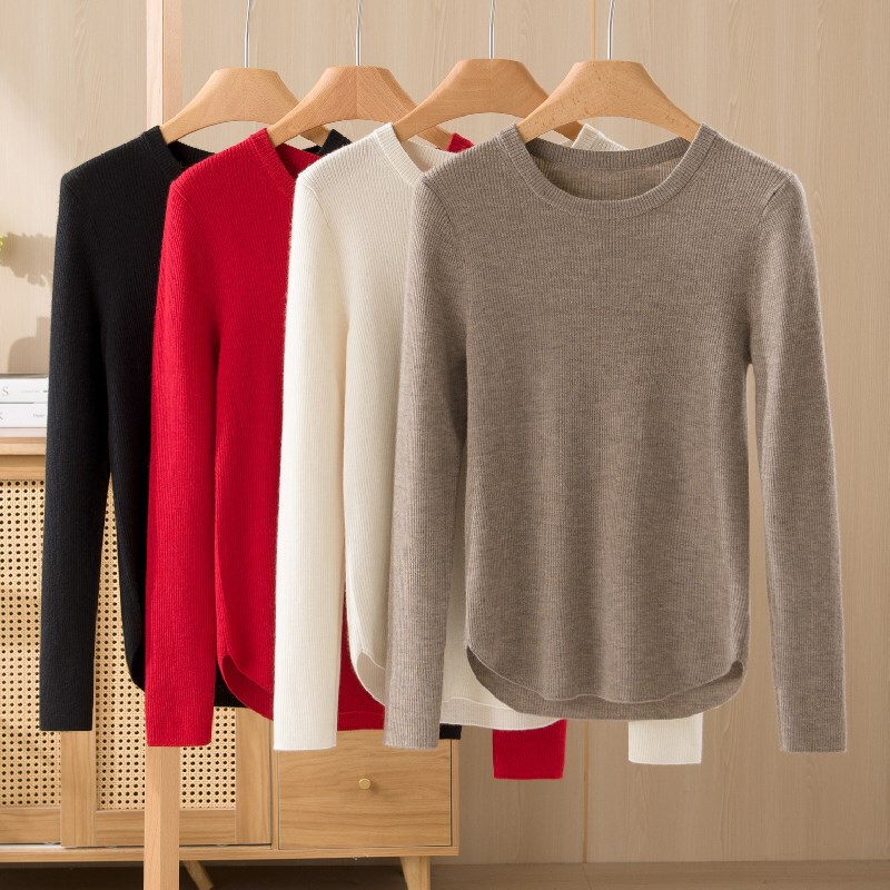 100 Pure Cashmere 18-Gauge Fine-Spun Round Hem Round Neck Striped Slim High-Elastic Warm Base Women's Cashmere Sweater