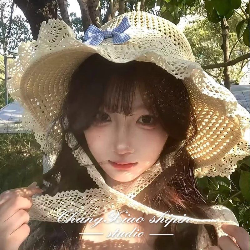新款法式蕾丝飘带镂空草帽蝴蝶结甜美百搭海边度假风遮阳防晒帽