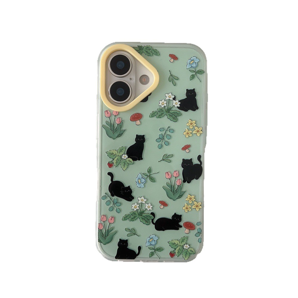 Flores estilo ins lindo pequeño gato negro para iphone16ProMax cadena 15 funda para teléfono móvil Apple 13/14 hembra