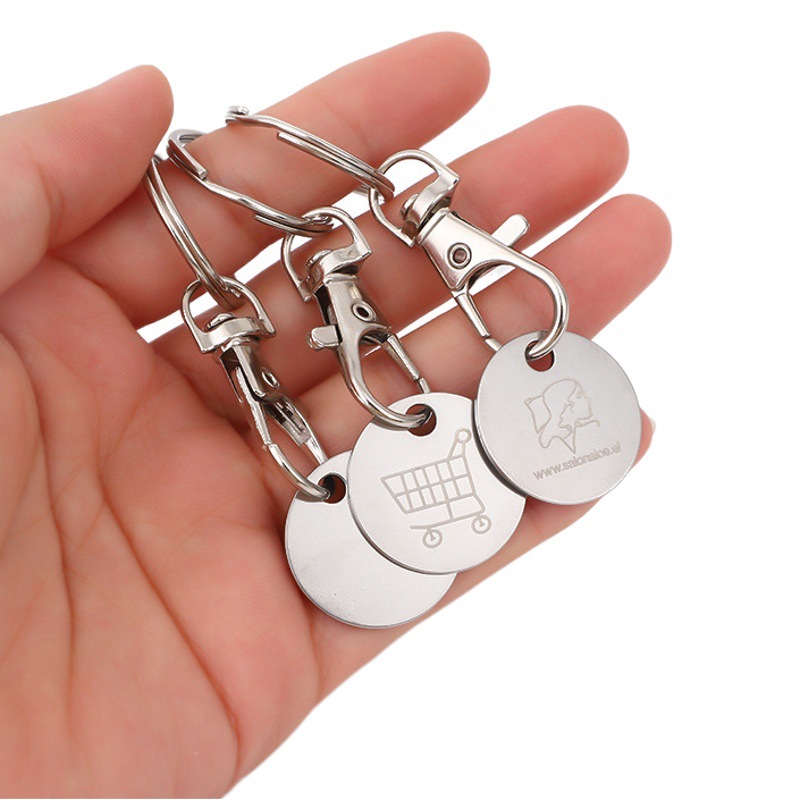 Cross-border European and American supermarket shopping cart token keychain stainless steel trolley laser logo anti-lost keychain gold